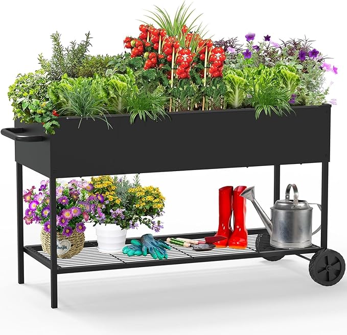 51 × 26 × 31.5 Inches Raised Garden Bed with Legs/Storage Shelf Mobile Planter Box for Outdoor Plants Elevated Garden Bed for Backyard Balcony Black