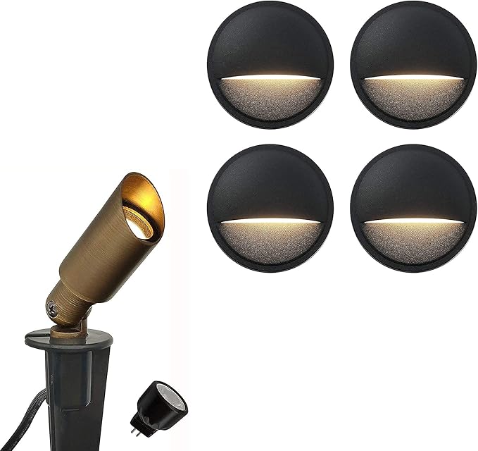 GKOLED 4-Pack Low Voltage Black Round Deck Lights with Mini Size Brass Landscape Spotlight