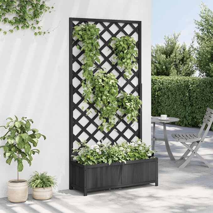Large Black Solid Fir Wood Planter Box with Trellis 35.4 Outdoor Garden Raised Bed for Climbing Plants Patio Balcony