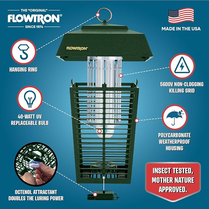 Flowtron Bug Zapper 1 Acre of Outdoor Coverage with Powerful 40W Bulb &amp 5600V Instant Killing Grid Electric Insect Fly &amp Mosquito Zapper Made in The USA - Green Color
