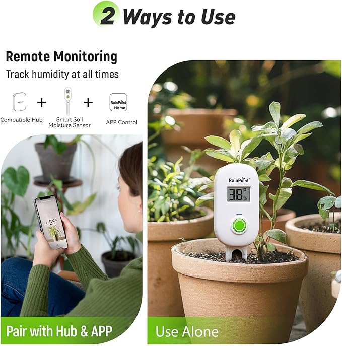 RAINPOINT Smart Digital Wireless Plant Moisture Meter Houseplant IndoorWiFi Hub NeededCapacitive ProbeLeave-in Soil Hygrometer SensorReal-time Monitor Outdoor Greenhouse Gardening(Two-Pack Set)