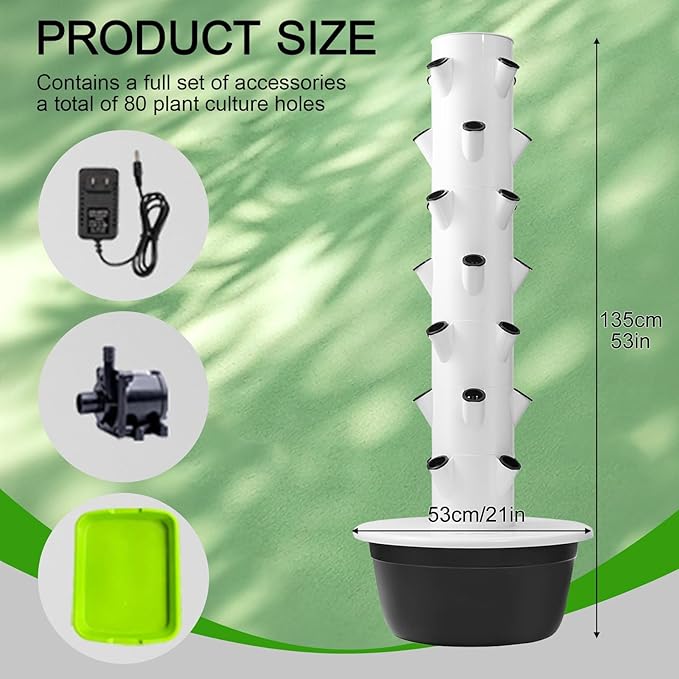 DIY Aeroponic Tower Hydroponic Tower Growing System 20/28/36 Hole Hydroponics Tower Growing System Kit for Gardening Lover Black/Green Base(Black135cm/53in)