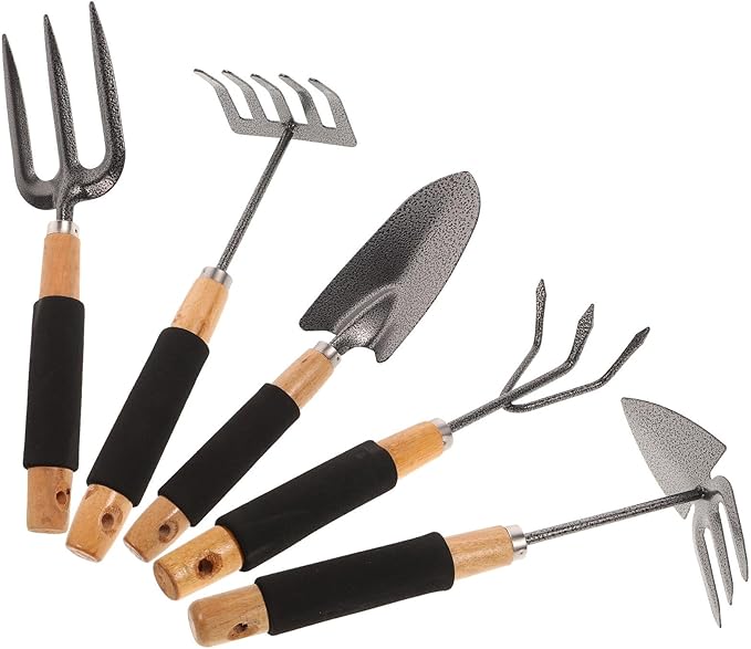 DECHOUS 5pcs Ergonomic Gardening Tool Set with Storage Rack Practical Outdoor Garden Shovels and Rake for Planting Digging and Soil Loosening