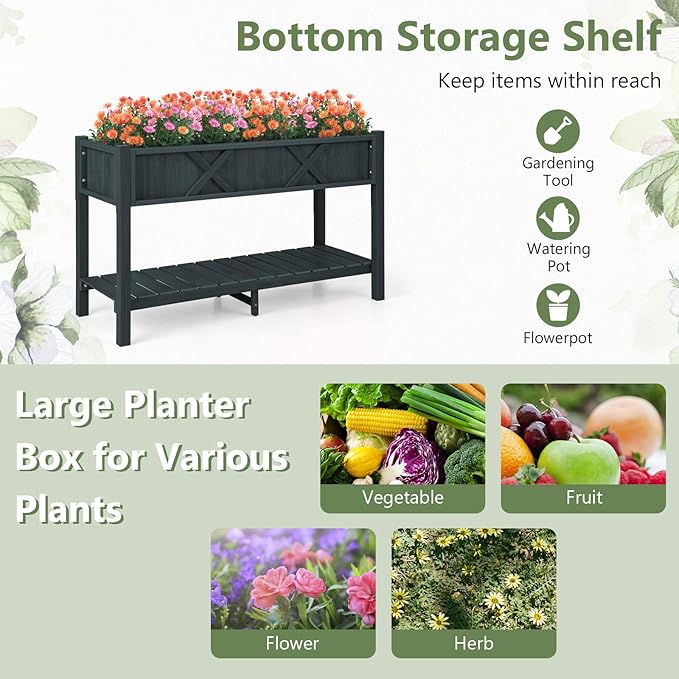 Raised Garden Bed with Legs 47 x 18 x 29 Inch Elevated Planter Box w/HIPS Frame Drainage Holes &amp Storage Shelf Standing Raised Planter for Flowers Herbs Outdoor Balcony Backyard (Black)