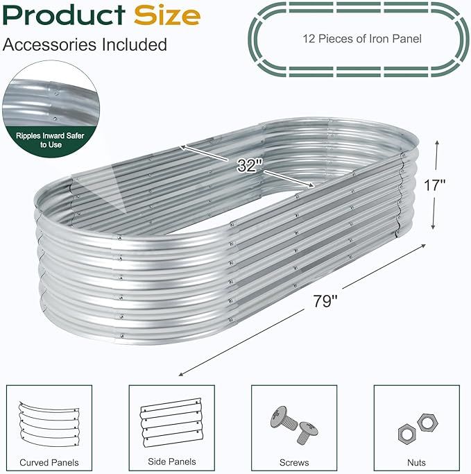 Aoodor Galvanized Raised Garden Bed Kit 6.6 x 2.6 x 1.4 Ft Oval Planter Box for Vegetables Flowers and Herbs Outdoor Use Silver
