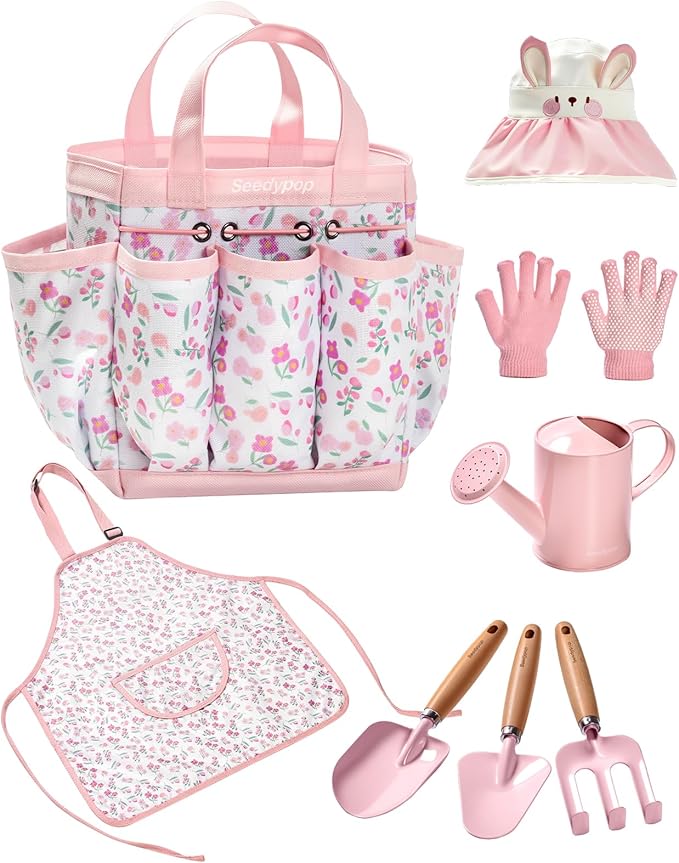Kids Gardening Tool Set Toys - 8 Pieces Quality Garden Kit for Toddlers &amp Kids with Shovels Rake Watering Can Hat Apron Gloves &amp Storage Bag (Pink Flower)