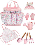 Kids Gardening Tool Set Toys - 8 Pieces Quality Garden Kit for Toddlers &amp Kids with Shovels Rake Watering Can Hat Apron Gloves &amp Storage Bag (Pink Flower)