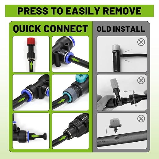 100-Foot Drip Irrigation System - 16 Copper Nozzles + T-Connectors for Gardens Lawns Plants and Hydroponics - Quick-Connect Watering Kit