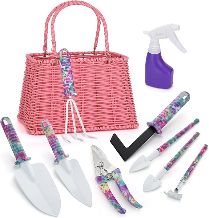 Gardening Gifts for Women Gardeners - Garden Tools Set with Woven Basket Gardening Kit with Trowel Pruning Shears Weeding Knife Hand Rake Gardening Tools for Mom Grandma Birthday Gifts Pink