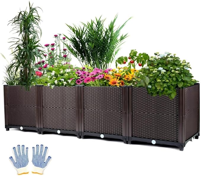 Emalie Deep Raised Garden Beds Large Plastic Planter Box with Drainage Plugs for Veggies Flowers Herbs Deep Root Plants Growing 63.0 Lx15.7 Wx16.9 H Brown