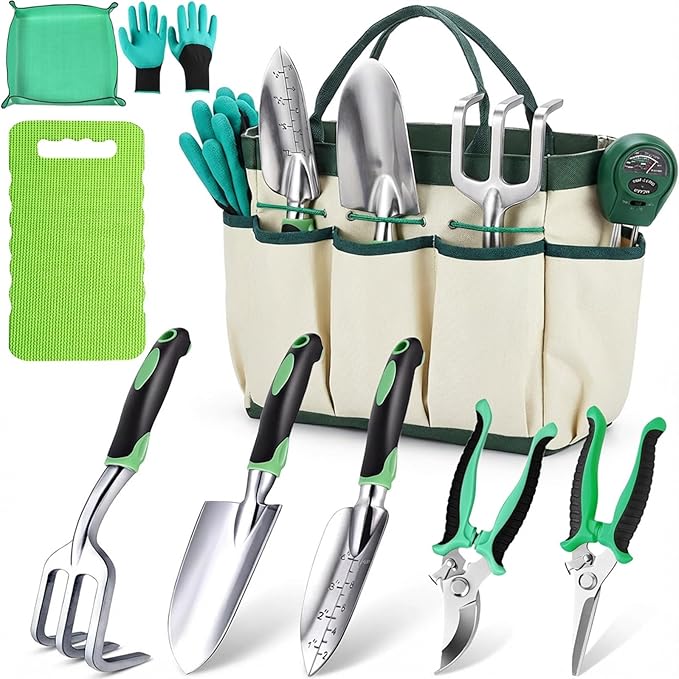 10 Piece Heavy-Duty Gardening Tools Set with Soil Moisture Meter - Rust-Proof Aluminum Gardening Hand Tools with Ergonomic Non-Slip Rubber Grips - Gardening Supplies Ideal Gift for Men &amp Women
