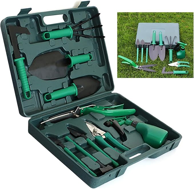 AYNEFY Garden Tools Kit Pruning Shovel Weeding Set for Planting Flowers Vegetables Yard Care with Metal Plastic Proof Long Life (Green 10 PCS)