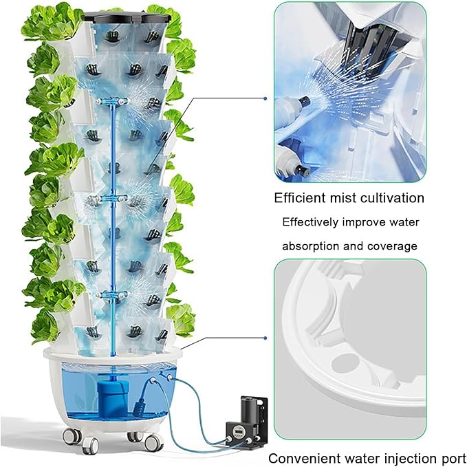 Vertical Hydroponic Grow Tower Aeroponic Tower for Herbs Fruits and Vegetables with Movable Water Tank Hydrating Pump Timer Adapter(XX-Large)