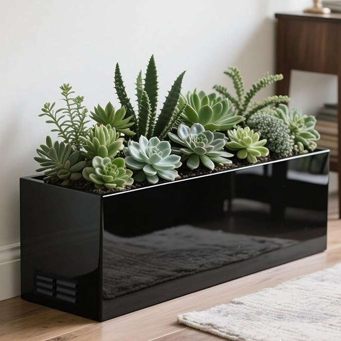 Worth Metal Planter Box with Insert Plate &amp Drain Holes Indoor or Outdoor Use No Assembly Required 30 x 11 x 13 14.3 Gallons Glossy Black