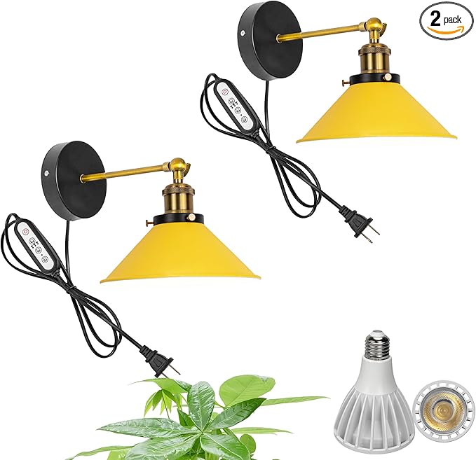 2-Pack Hook Type Wall Mounted Plant Light Full Spectrum 25W 6000K White Light Vintage Yellow Metal Adjusted Angle Timing Wall Lamps for Plants Flowers Indoor Growing