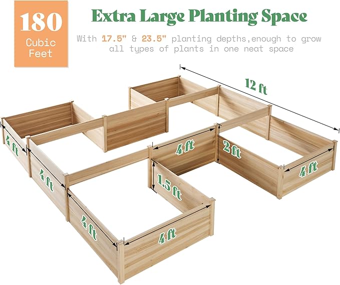 AMERLIFE Raised Garden Bed – 12x12x2 ft H-Shaped Wooden Planter Box 180 Cu. Ft Capacity Double-Layer Design for Outdoor Patio Yard and Garden Use