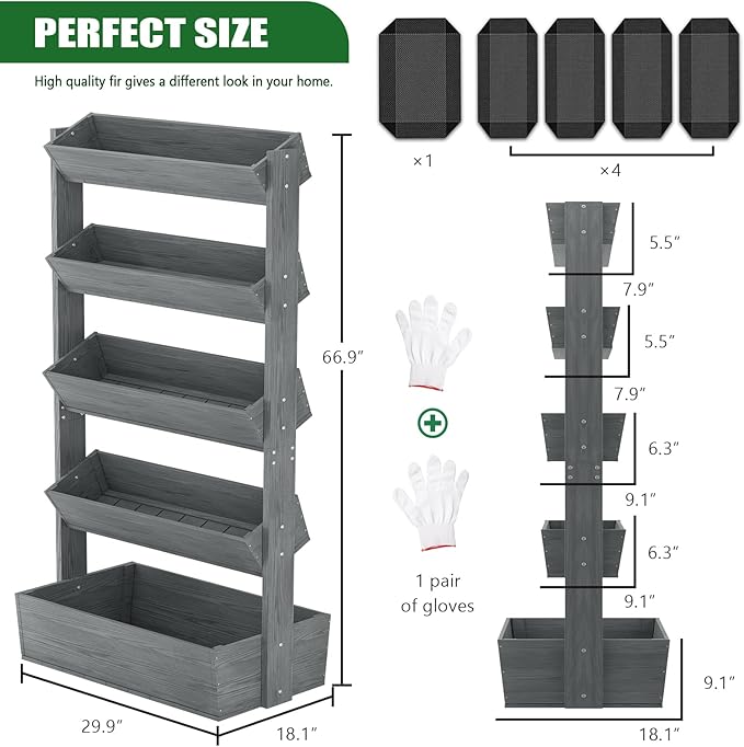 Wooden Vertical Raised Garden Bed 5 Tier Garden Planters Raised Beds Freestanding Plant Stand Flower Rack Wooden Planter Box for Plants Herbs Flowers Vegetables Outdoor Indoor Gardening