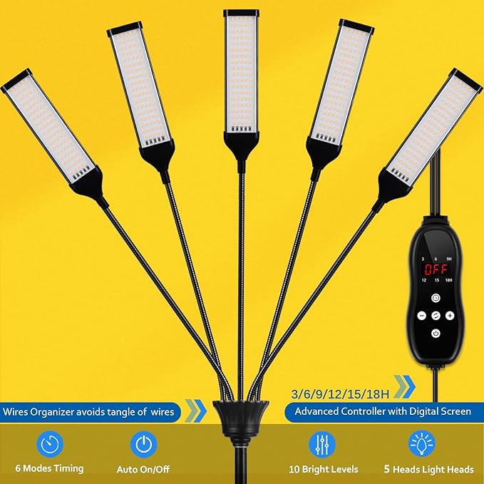 Grow Lights for Indoor Plants Aukphie Full Spectrum led Grow Light with Stand Auto On/Off Timing 3/6/9/12/15/18H &amp 10 Brightness Levels (6 Light Heads)