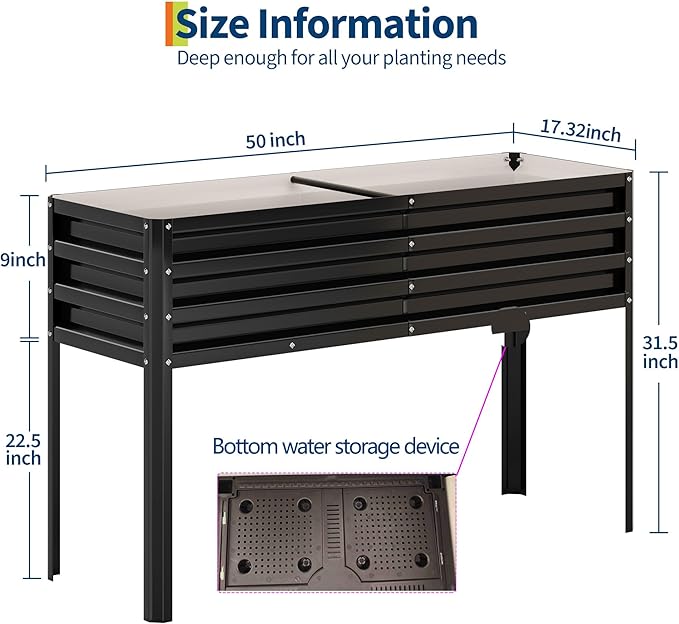 Galvanized Raised Garden Bed with Legs&ampWater Storage - 50×32×17 in Metal Planter Box Outdoor Raised Garden Beds Gardening Durable Planter Raised Beds Sturdy Planters for Outdoor Plants (Black)