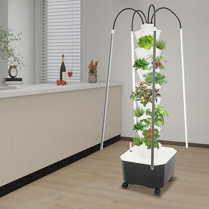 40 Plants Vertical Hydroponics Growing System Kit Smart Tower Garden Hydroponic Herb Garden Planter Indoor Kit with Water Circulation &amp LED Full-Spectrum Supplementary Lighting (White)