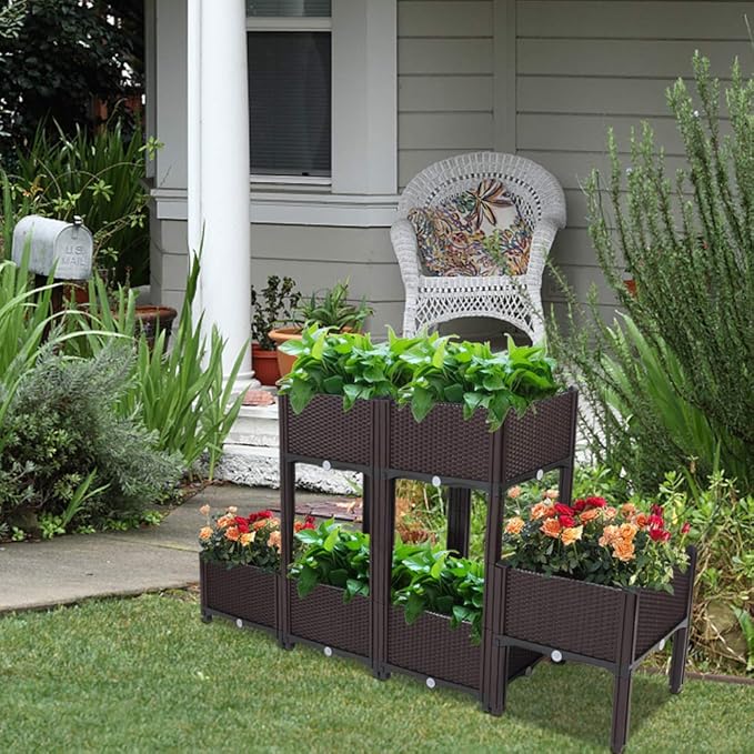 VINGLI Square Raised Garden Bed Self-Watering Plastic Planter for Indoor Outdoor Vegetables Fruits Potato Flowers All Weather (6 Pcs)