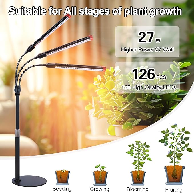 3Head Tabletop Grow Lights for Indoor Plants Seed Starting Vegetables Bonsai Bright Desk Plant Growing Lamps 4/8/12/16/20H Timer 27 Watt Power Draw NO Need Adapter 360° Gooseneck