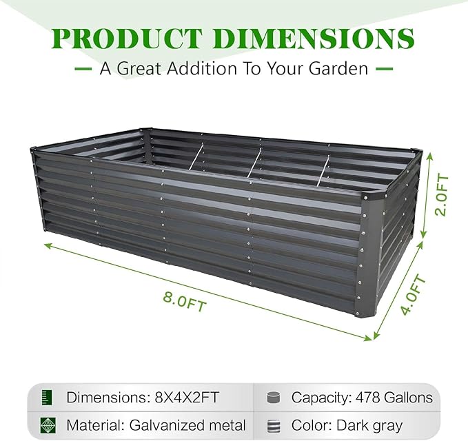 GrowHaus 8x4x2FT Galvanized Raised Garden Bed Planter Boxes Outdoor Large Metal Garden Beds for Planting Vegetables Flowers Herbs Rectangle Dark Gray