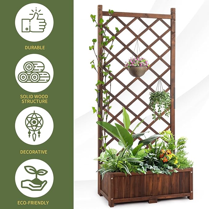 Wooden Garden Planter Raised Bed with Trellis Outdoor Wood Planter Box Garden Stander for Patio Yard 29.5 x 16.9 x 67 inches