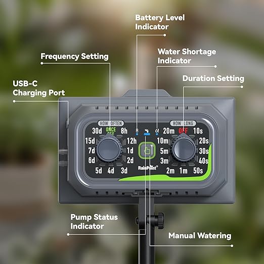 RAINPOINT Easy-Setup SolarRechargeableUSB-C Powered Automatic Drip Irrigation Kit System for Garden Outdoor/IndoorPlant Waterer Device Balcony Patio Grow Tent Greenhouse Indoor Water 10-20 Plants