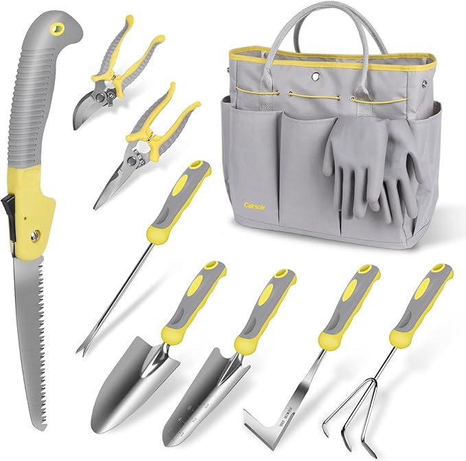 Garden Tool Set Carsolt 10 Piece Stainless Steel Heavy Duty Gardening Tool Set for Digging Planting Pruning Gardening Kit with Durable Bag Gloves Gift Box Ideal Garden Gifts for Women Men