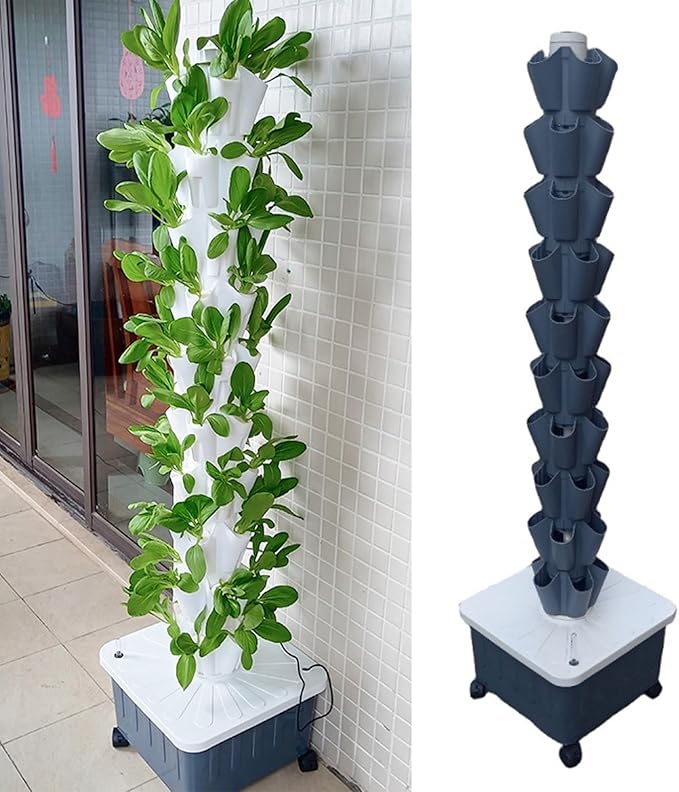 5-Hole Hydroponic Growing System Soilless Cultivation Equipment Garden Balcony Vertical Tower Planters DIY Vegetable Pot&ampPlanter(Gray10th floor)