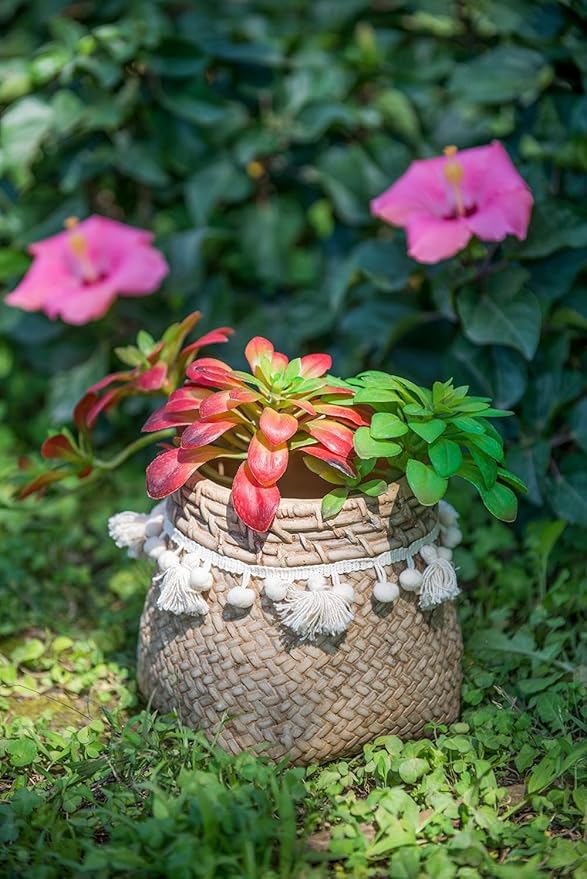 Set of 2 6.5x6.5x6 Brown Cement Planter with Woven Tassel Accent