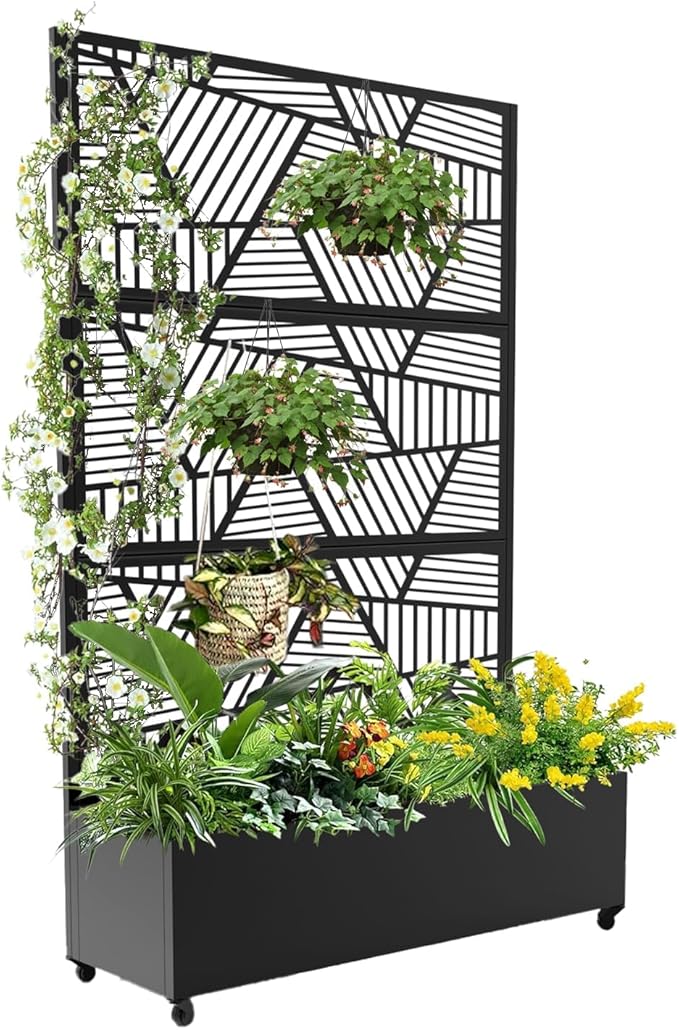 Outdoor Metal Privacy Screen with Trellis &amp Planter Box – 72 x 47 3-Panel Raised Garden Bed on Wheels with Drainage Patio Divider for Climbing Plants &amp Vegetables Black