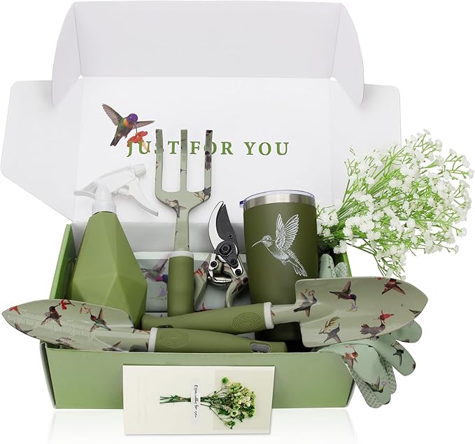 Garden Tool Set with Hummingbird Print Heavy Duty Gardening Hand Tools with Garden Tool BagGardening Gifts for Women&ampMenGreen
