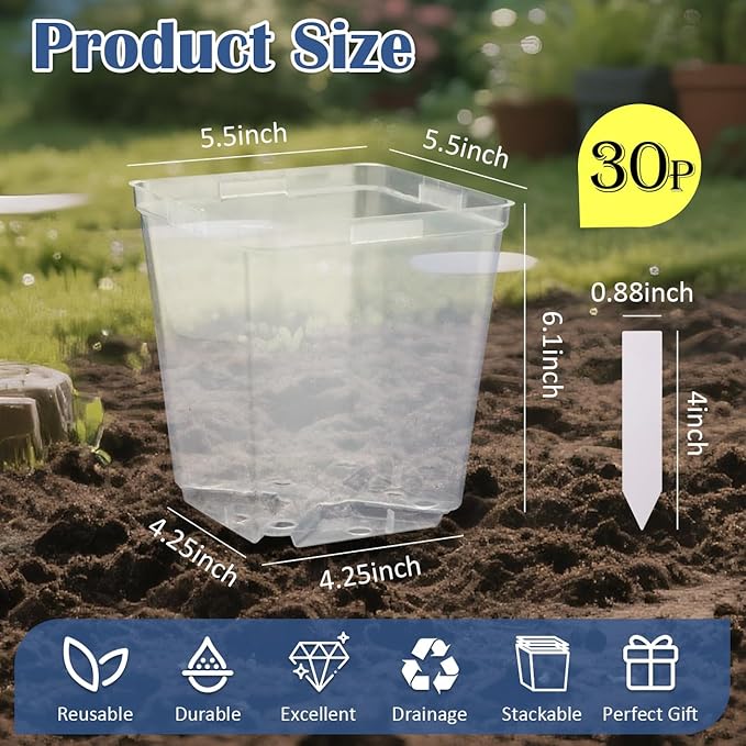 5.5 Inch Clear Square Nursery Pots with Drainage &amp Labels 30Pcs Reusable Seed Starter Pots for Vegetables Indoor Outdoor Gardening Thick Transparent Plastic Plant Pots for Seed Starting