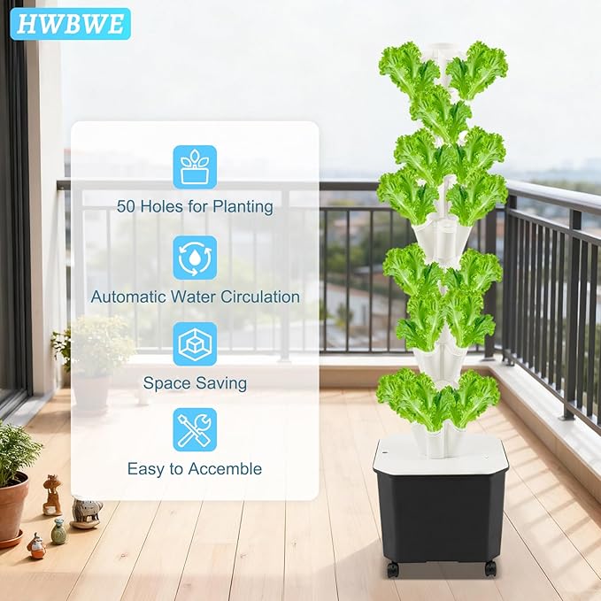 50 Pots Hydroponics Tower 8 Tiers Hydroponics Growing System Tower Vertical Tower Planter Pump Tower with Water Tank Irrigation Pump and Movable Water Tank for Hydroponic Gardening Lovers (White)