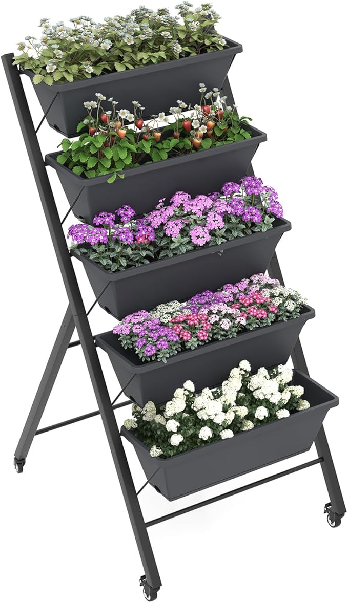 Vertical Garden Bed with Wheels 5 Tier Raised Garden Bed w/Removable Planter Boxes Lockable Wheels Drainage Holes Rolling Vertical Planter for Herb Vegetable Flower Outdoor Patio Balcony