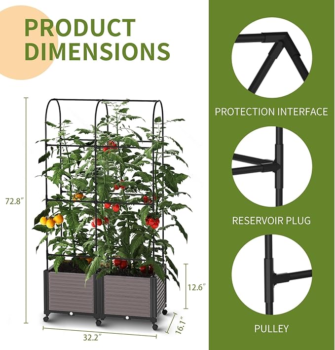 Raised Garden Bed Planter Box with Trellis 72.8'' Tomato Planters for Climbing Plants Vegetable Vine Flowers Outdoor Patio Tomato Cage Self Watering Planter with Wheels
