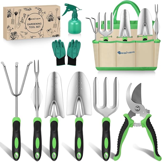 Yesker Gardening Tools 9-Piece Heavy Duty Garden Tool Set Gardening Supplies Gifts for Women Men Gardening Hand Tool Kit with Non-Slip Ergonomic Handle Garden Bag Durable Gloves and Shears Green