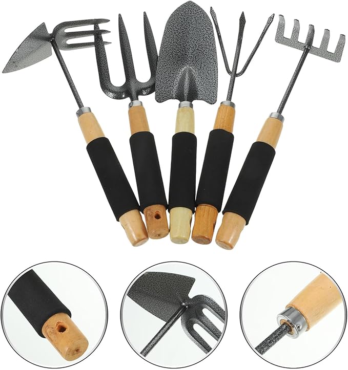 Homoyoyo 5pcs Garden Tool Set with Hand Shovel 5-Tine Rake Fork Hoe and Cultivator – Small Outdoor Gardening Hand Tools Kit for Planting and Weeding