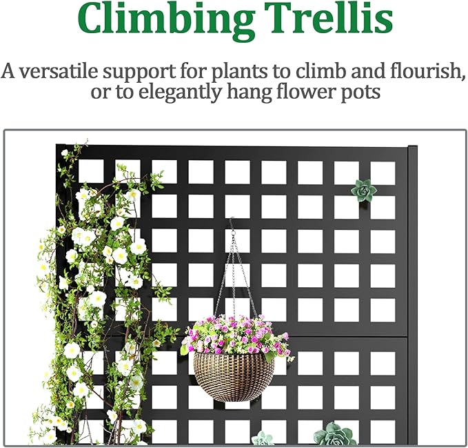 Metal Raised Garden Bed with Trellis 2 in 1 Trellis with Planter Box &amp Privacy Screen for Climbing Plants Vine Outdoor Standing Flower Beds with Drainage Holes 35.4 L x 16.7 W x 70.8 H Bla