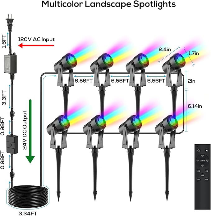 SUNTHIN Outdoor Landscape Lighting with Remote RGBW Color Changing Spot Uplights 16 Pack
