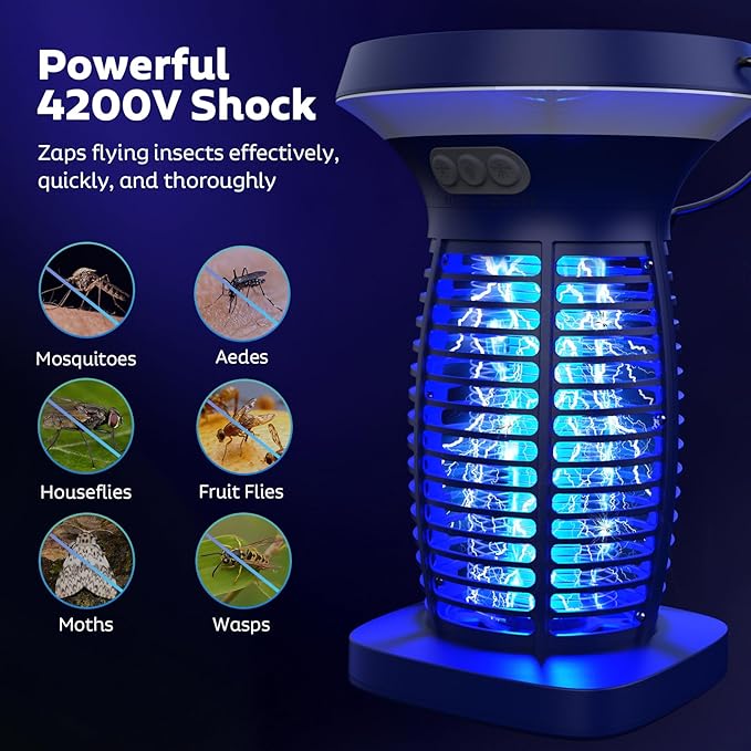 Solar Bug Zapper Outdoor Mosquito Zapper Outdoor Waterproof Electric Fly Zapper Rechargeable Mosquito Killer with Solar Panel 4200V Fly Trap Indoor for Home Backyard Patio Garden Camping
