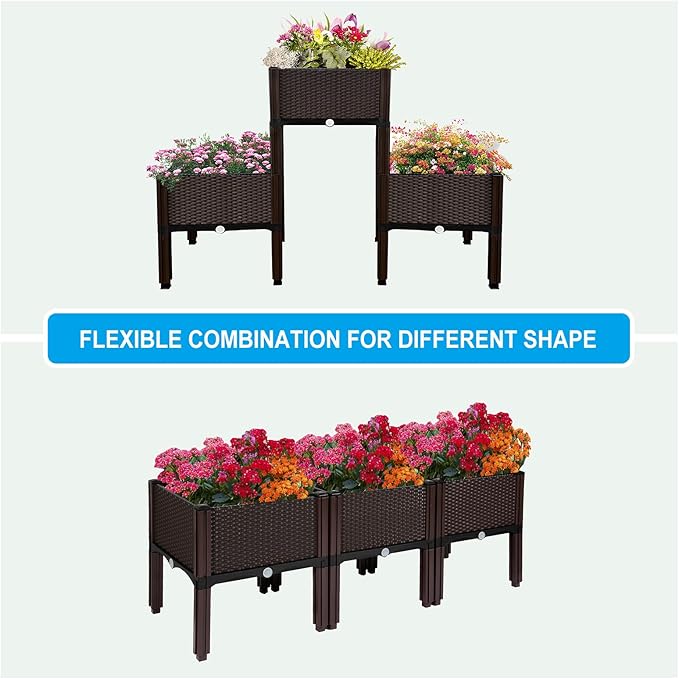 MAYOLIAH Raised Garden Bed with Drainage Elevated Planter Box Plastic Raised Beds for Gardening Vegetables Herb Flowers Perfect for Indoor Outdoor Planting 3 Boxes Brown