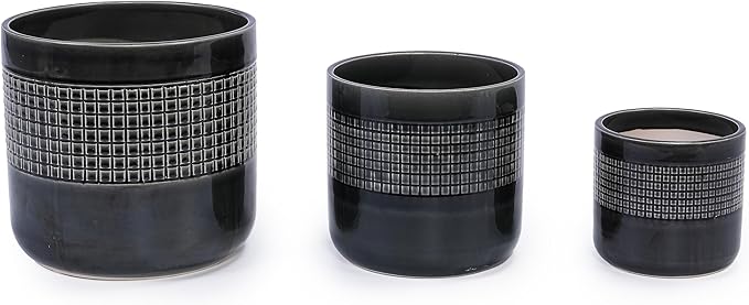 Handmade Black Glazed Ceramic Planter Set of 3 9 7 6 Diameter Grid Pattern for Succulents Cacti IndoorOutdoor Shelf Table Use Porous Clay with Drainage Holes