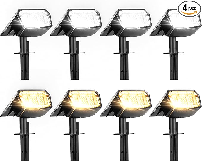 Solar Spot Lights Outdoor Waterproof 4 Pack IP65 Christmas Decorations Lights 63 LED 3 Lighting Modes Spotlights for Yard Garden House Garage Pathway