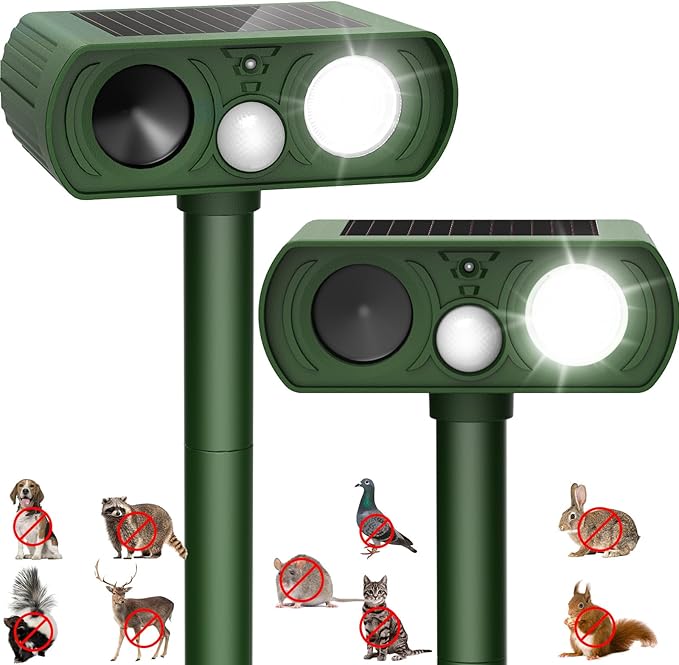 Upgraded Solar Ultrasonic Animal Repellent Outdoor Deer Repellent Devices Squirrel Cat Raccoon Rabbit Dog Deterrent Keep Skunk Away Motion Detection with Flash Light for Yard Garden Lawn 2PACKGreen
