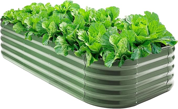 Galvanized Steel Raised Garden Bed 8x2ft Oval - 17 Tall 9-in-1 Modular Planter Box for Vegetables/Flowers Rust-Proof Metal Outdoor Planters Rubber Edging (Green)