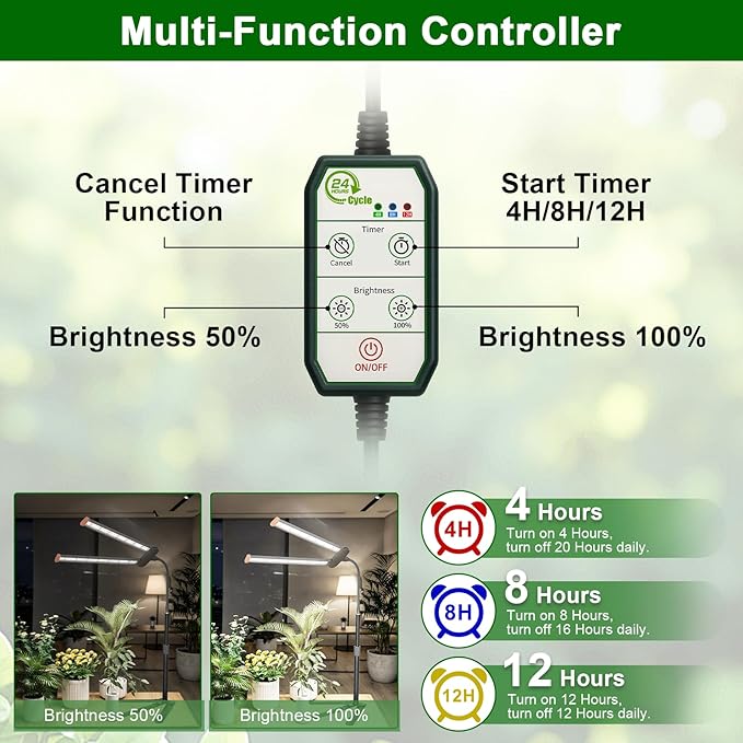 Grow Lights for Indoor Plant 6000K Full Spectrum Plant Lamp with Red Blue White LED for Pot Succulents Seed Growing Light Strip Foldable &amp Height Extendable 9-23'' Auto On Off Timing 4/8/12H