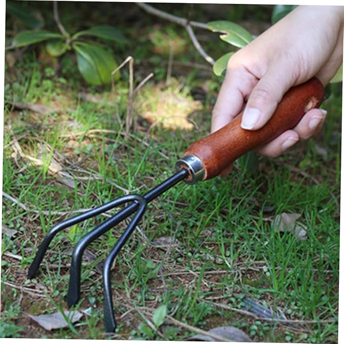 4pcs Gardening Tool Set with Hand Trowel Narrow Shovel Dual-use Hoe Rake and Three-Prong Rake – Metal Mini Garden Shovels for Planting Flower Pots and Vegetable Gardening